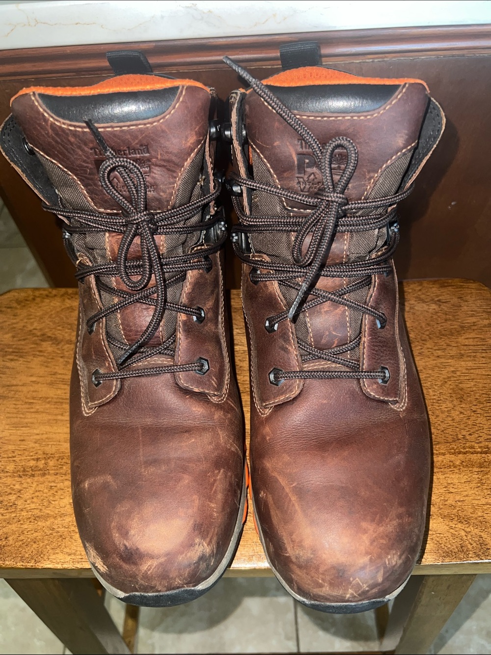 Timberland Men’s Brown Leather Work Boots with Orange Accent